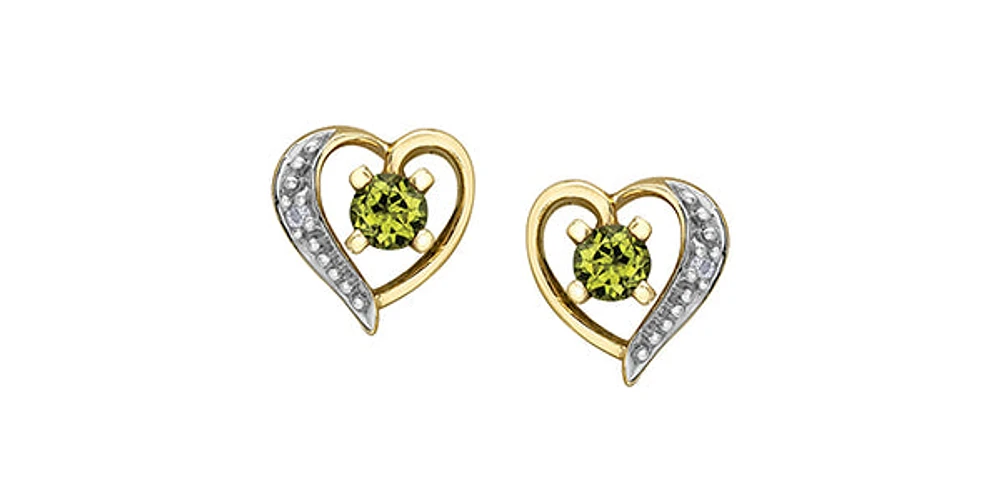 10K Yellow Gold Peridot and Diamond Heart Stud Earrings