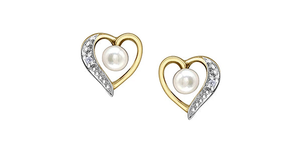 10K Yellow Gold Pearl and Diamond Heart Stud Earrings