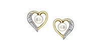 10K Yellow Gold Pearl and Diamond Heart Stud Earrings