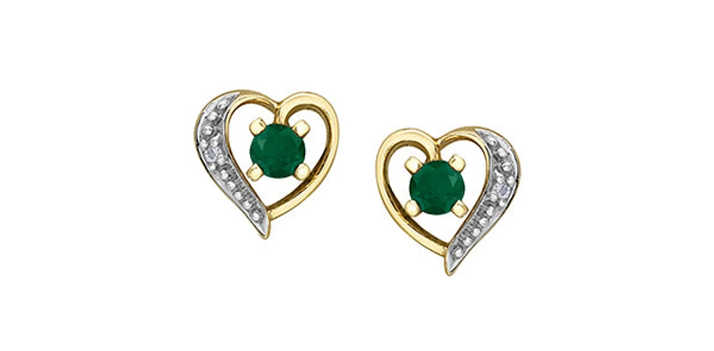 10K Yellow Gold Emerald and Diamond Heart Stud Earrings