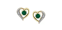 10K Yellow Gold Emerald and Diamond Heart Stud Earrings