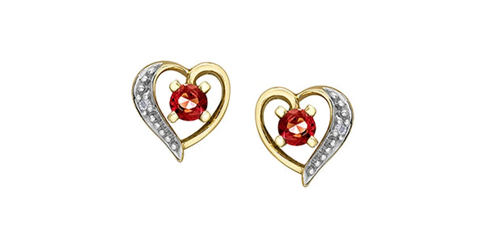 10K Yellow Gold Garnet and Diamond Heart Stud Earrings