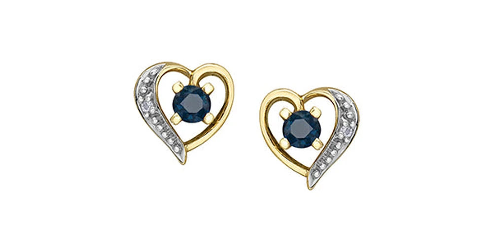 10K Yellow Gold Sapphire and Diamond Heart Stud Earrings