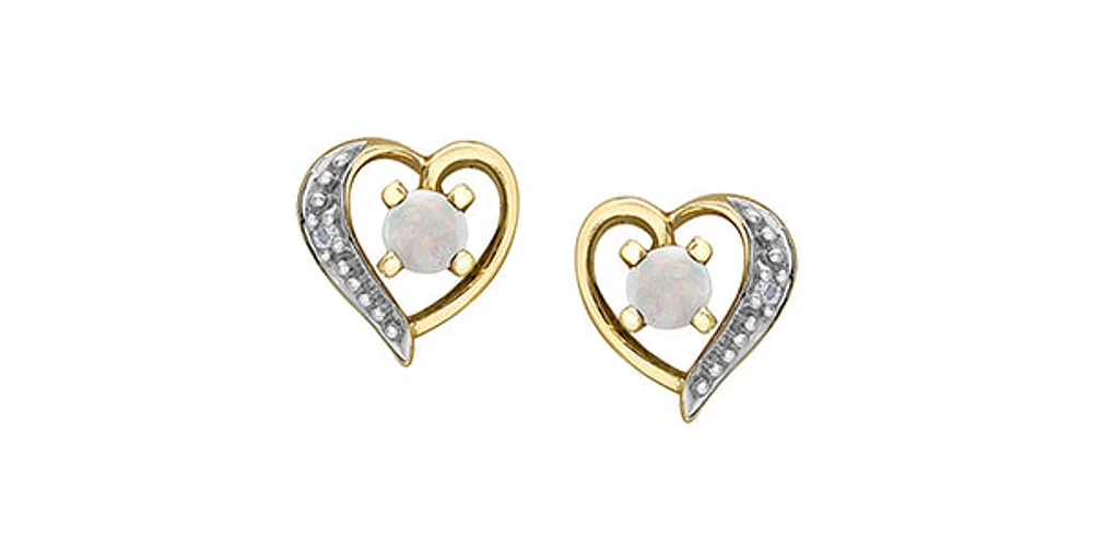 10K Yellow Gold Opal and Diamond Heart Stud Earrings