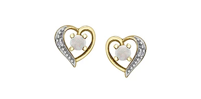 10K Yellow Gold Opal and Diamond Heart Stud Earrings