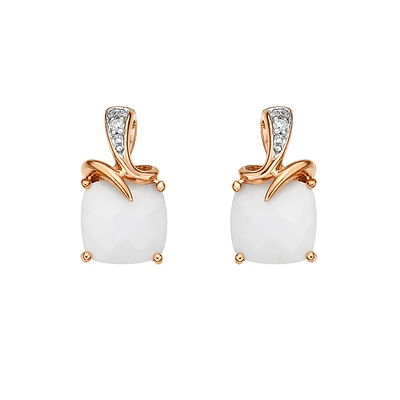 10K Rose Gold 6mm Cushion Cut Genuine Agate And 0.01cttw Diamonds Earrings