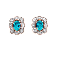 10K Rose Gold Blue Topaz and Diamond Halo Stud Earrings