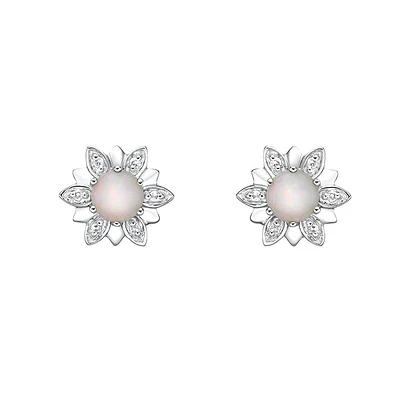 10K White Gold Prong-set White Opal Earrings with Diamond Accent