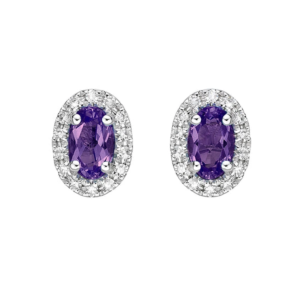 10K White Gold Prong-set Oval Amethyst Earrings with Diamond Halo