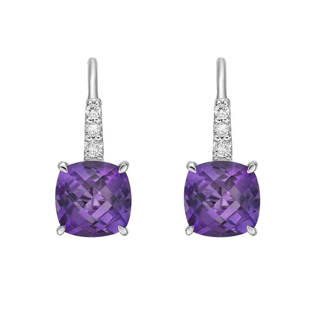 10K Gold Prong-set Cushion Amethyst Earrings with Diamond Accent