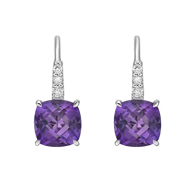 10K Gold Prong-set Cushion Amethyst Earrings with Diamond Accent