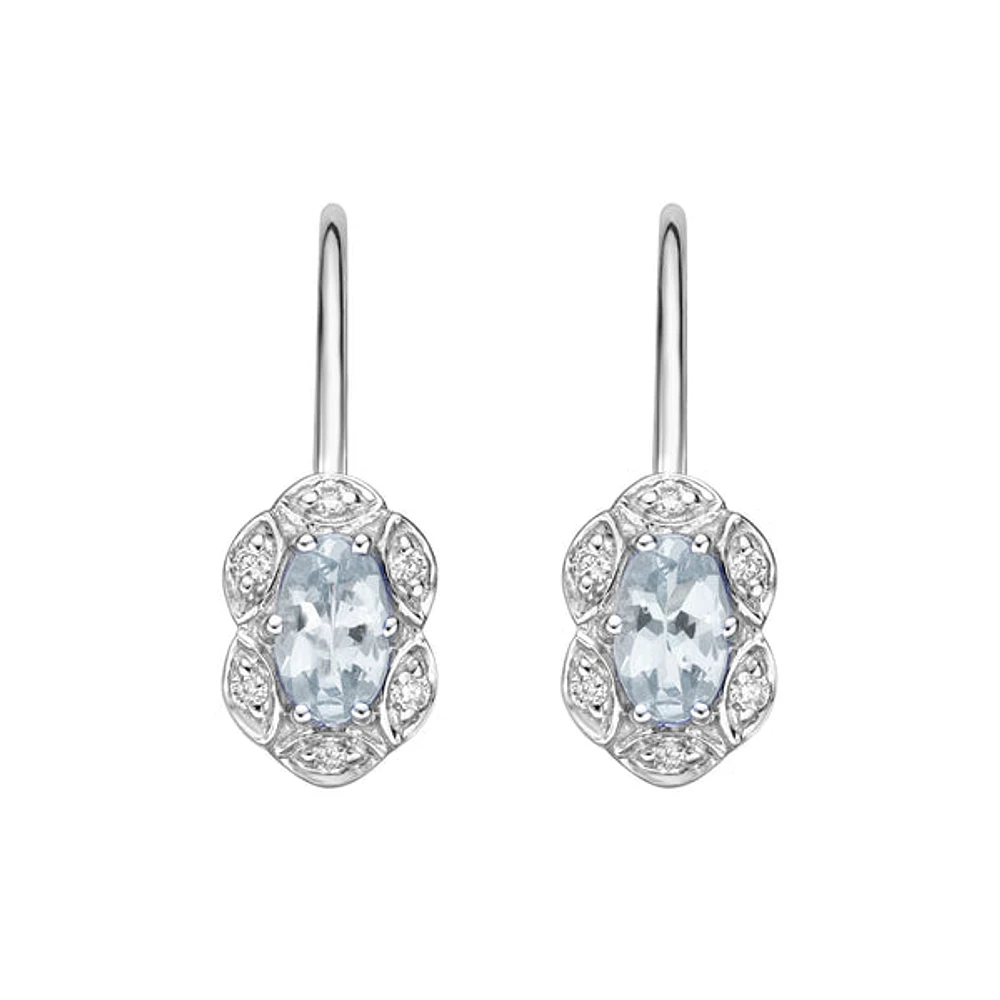 10K White Gold Prong-set Aquamarine Earrings with Diamond Halo