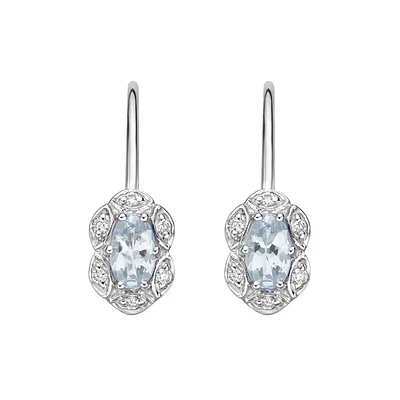 10K White Gold Prong-set Aquamarine Earrings with Diamond Halo