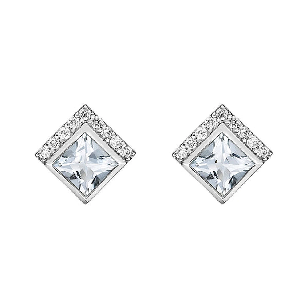10K Gold Bezel-set Aquamarine Earrings with Diamond Accent