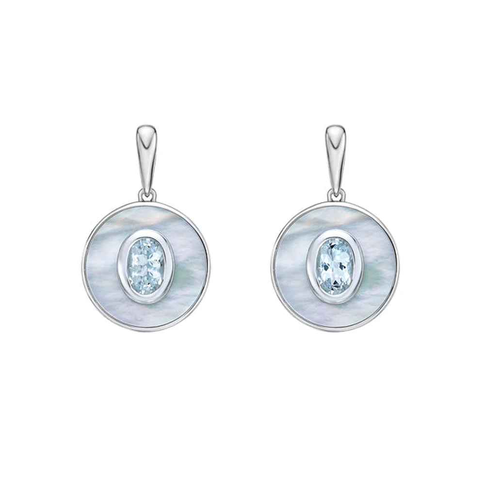 10K White Gold Oval Aquamarine and Mother of Pearl Earrings