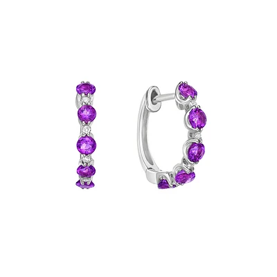 10K Gold Prong-set Amethyst & Diamond Hoop Earrings