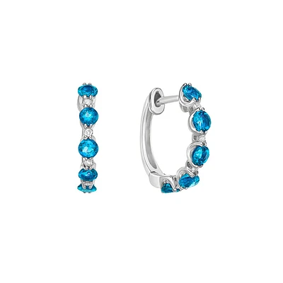 10K White Gold Prong-set Blue Topaz & Diamond Hoop Earrings 0.06cttw