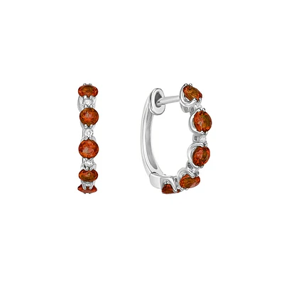 10K White Gold Prong-set Garnet & Diamond Hoop Earrings 0.05cttw
