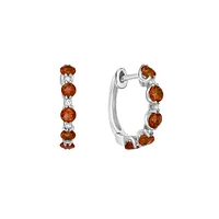 10K White Gold Prong-set Garnet & Diamond Hoop Earrings 0.05cttw
