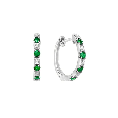 10K White Gold Classic Emerald & Diamond Hoop Earrings 0.04cttw