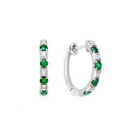 10K White Gold Classic Emerald & Diamond Hoop Earrings 0.04cttw