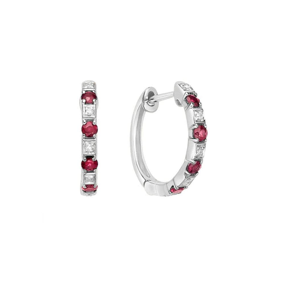 10K White Gold Classic Ruby & Diamond Hoop Earrings 0.04cttw