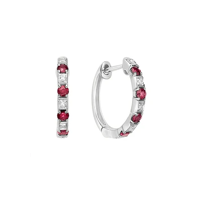 10K White Gold Classic Ruby & Diamond Hoop Earrings 0.04cttw