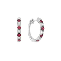 10K White Gold Classic Ruby & Diamond Hoop Earrings 0.04cttw