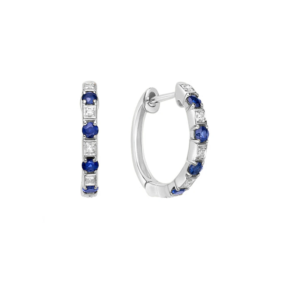 10K White Gold Classic Sapphire & Diamond Hoop Earrings 0.04 cttw