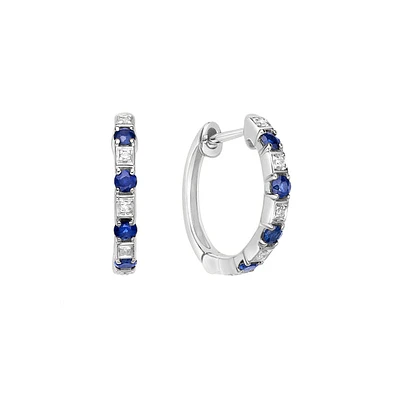 10K White Gold Classic Sapphire & Diamond Hoop Earrings 0.04 cttw
