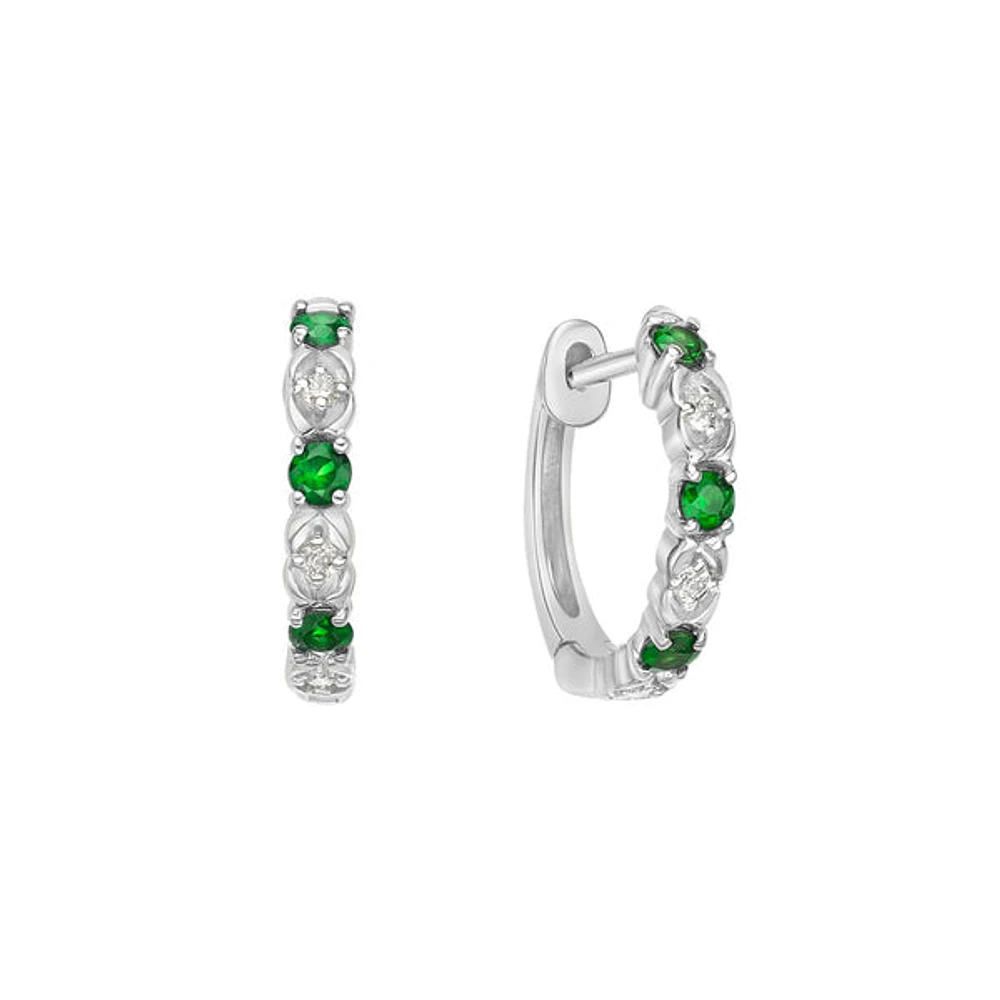 10K White Gold Classic Emerald & Diamond Hoop Earrings 0.06cttw
