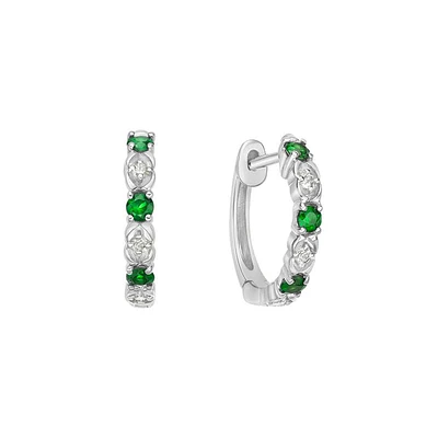 10K White Gold Classic Emerald & Diamond Hoop Earrings 0.06cttw
