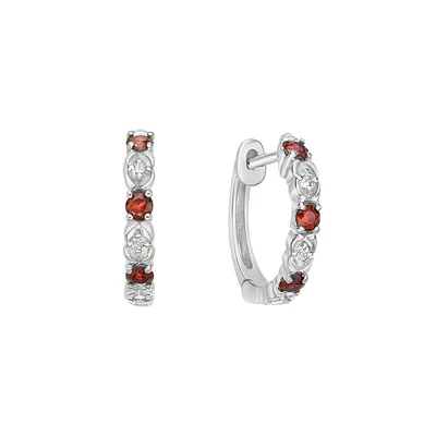 10K White Gold Classic Ruby & Diamond Hoop Earrings 0.06cttw