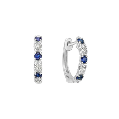 10K White Gold Classic Sapphire & Diamond Hoop Earrings 0.06cttw