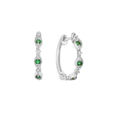 10K White Gold Classic Emerald & Diamond Hoop Earrings 0.07cttw
