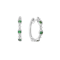 10K White Gold Classic Emerald & Diamond Hoop Earrings 0.07cttw