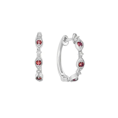 10K White Gold Classic Ruby & Diamond Hoop Earrings 0.07cttw