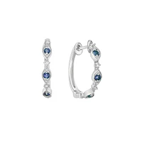 10K White Gold Classic Sapphire & Diamond Hoop Earrings 0.07cttw