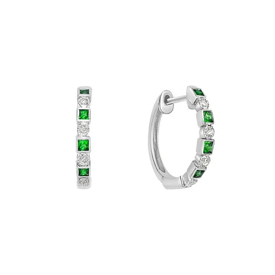 10K White Gold Classic Emerald & Diamond Hoop Earrings with Squares