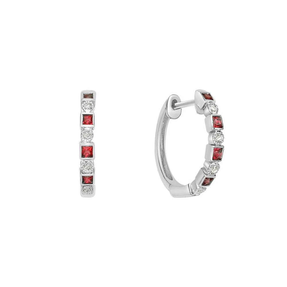 10K White Gold Classic Ruby & Diamond Hoop Earrings with Squares