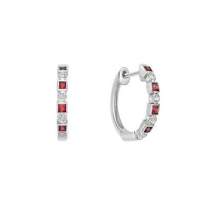 10K White Gold Classic Ruby & Diamond Hoop Earrings with Squares