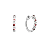 10K White Gold Classic Ruby & Diamond Hoop Earrings with Squares