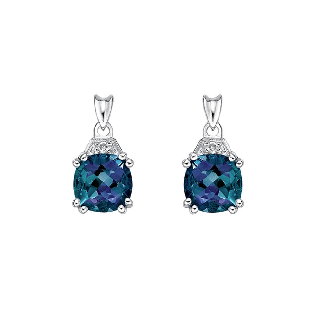 10K White Gold 6mm Cushion Cut Created Alexandrite and 0.01cttw Diamond Earrings