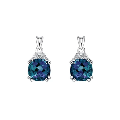 10K White Gold 6mm Cushion Cut Created Alexandrite and 0.01cttw Diamond Earrings