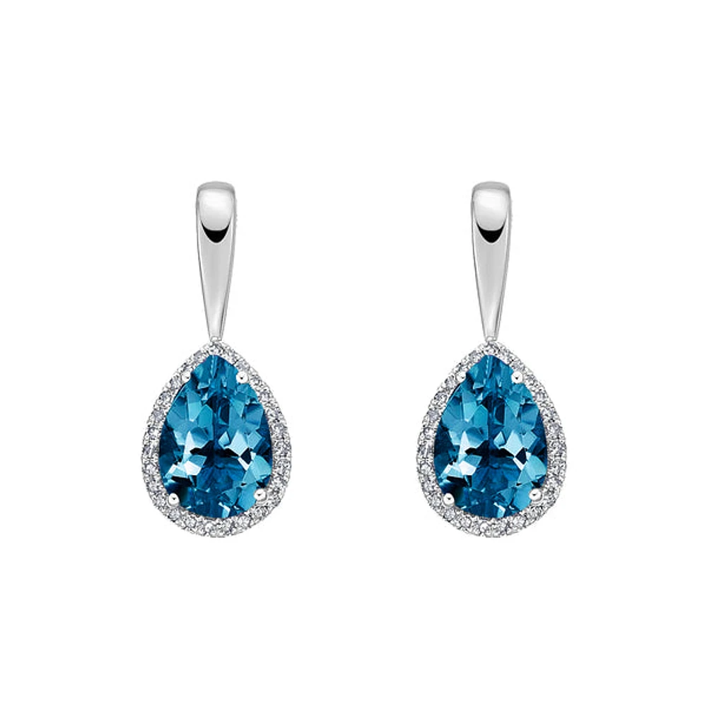 10K White Gold Prong-set London Blue Topaz Earrings with Diamond Halo