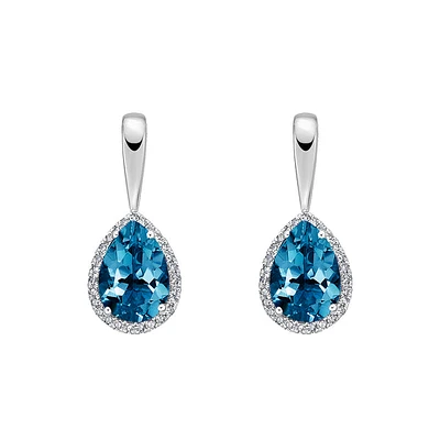 10K White Gold Prong-set London Blue Topaz Earrings with Diamond Halo