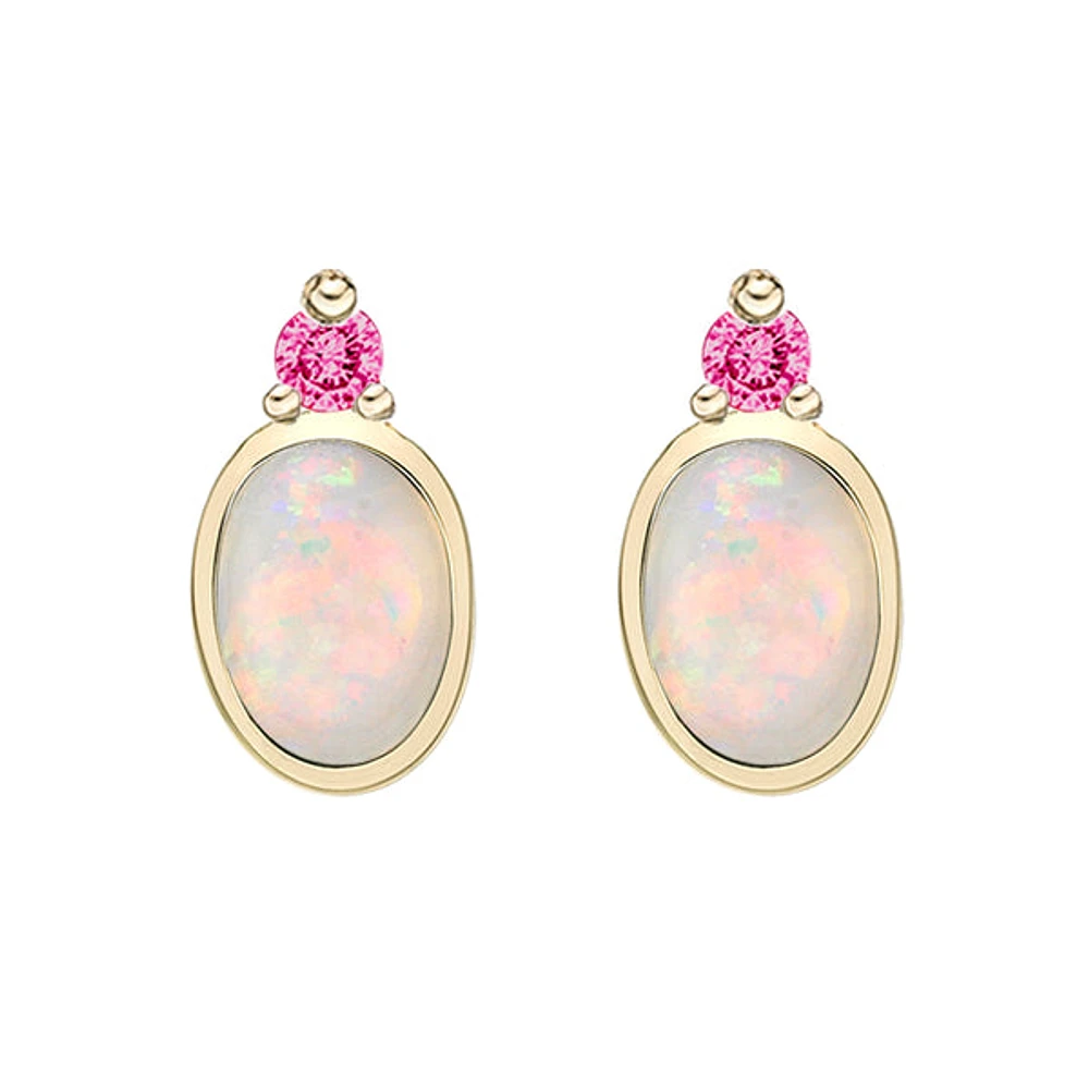 10K Yellow Gold Bezel-set White Opal & Pink Tourmaline Earrings