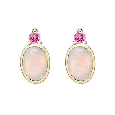 10K Yellow Gold Bezel-set White Opal & Pink Tourmaline Earrings