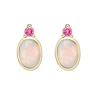 10K Yellow Gold Bezel-set White Opal & Pink Tourmaline Earrings