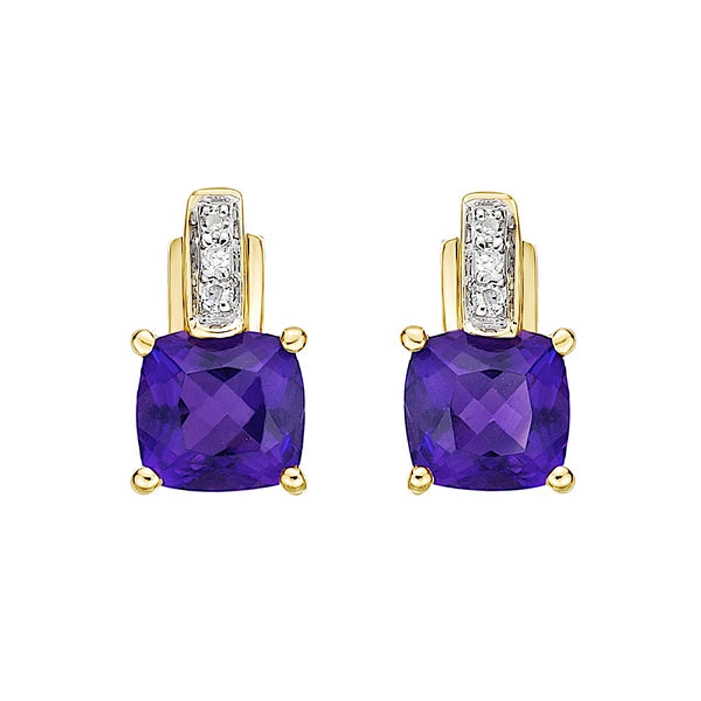10K Gold Prong-set Amethyst Earrings with Diamond Accent